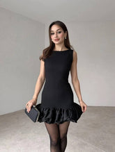 Sophisticated Sheer Sleeve Bow Dress – Timeless Black Mini Dress